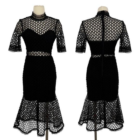 BARDOT Fiona Mesh Short Sleeve Trumpet Midi Dress in Black US 4/XS NWT - Picture 1 of 13